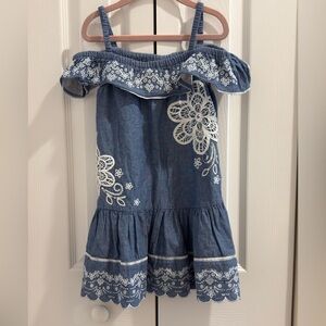 Flapdoodles Denim Blue Dress with White Floral Accents